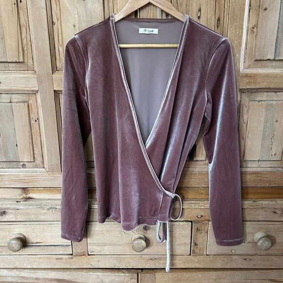 Madewell Small Blouse Taupe Pink Velvet Ballet Wrap Top Long‎ Sleeve Tie Shirt - Picture 1 of 10